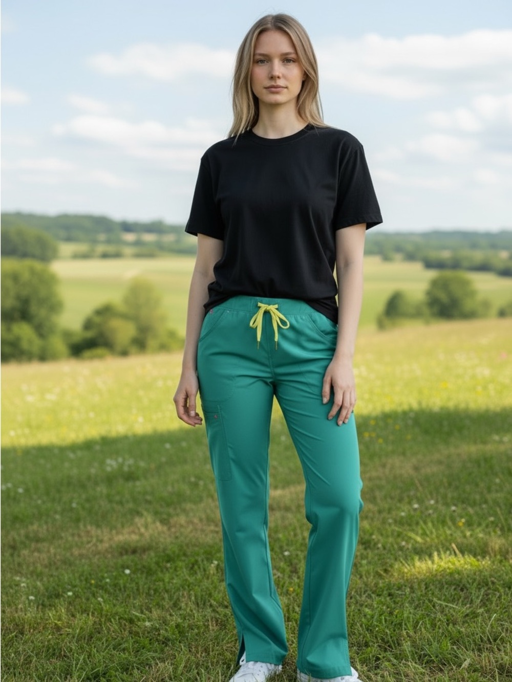 Figs Teal/Marine/Green Scrub Cargo Pants-Size Large with Yellow Drawstring